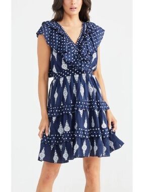 Talisman Navy Printed Ruffle V-Neck Tiered Dress